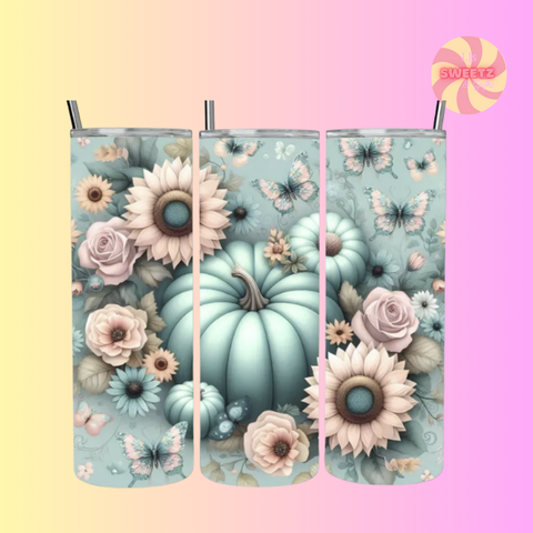 Three tumbler designs with pumpkins, flowers, and butterflies on a pastel gradient background.