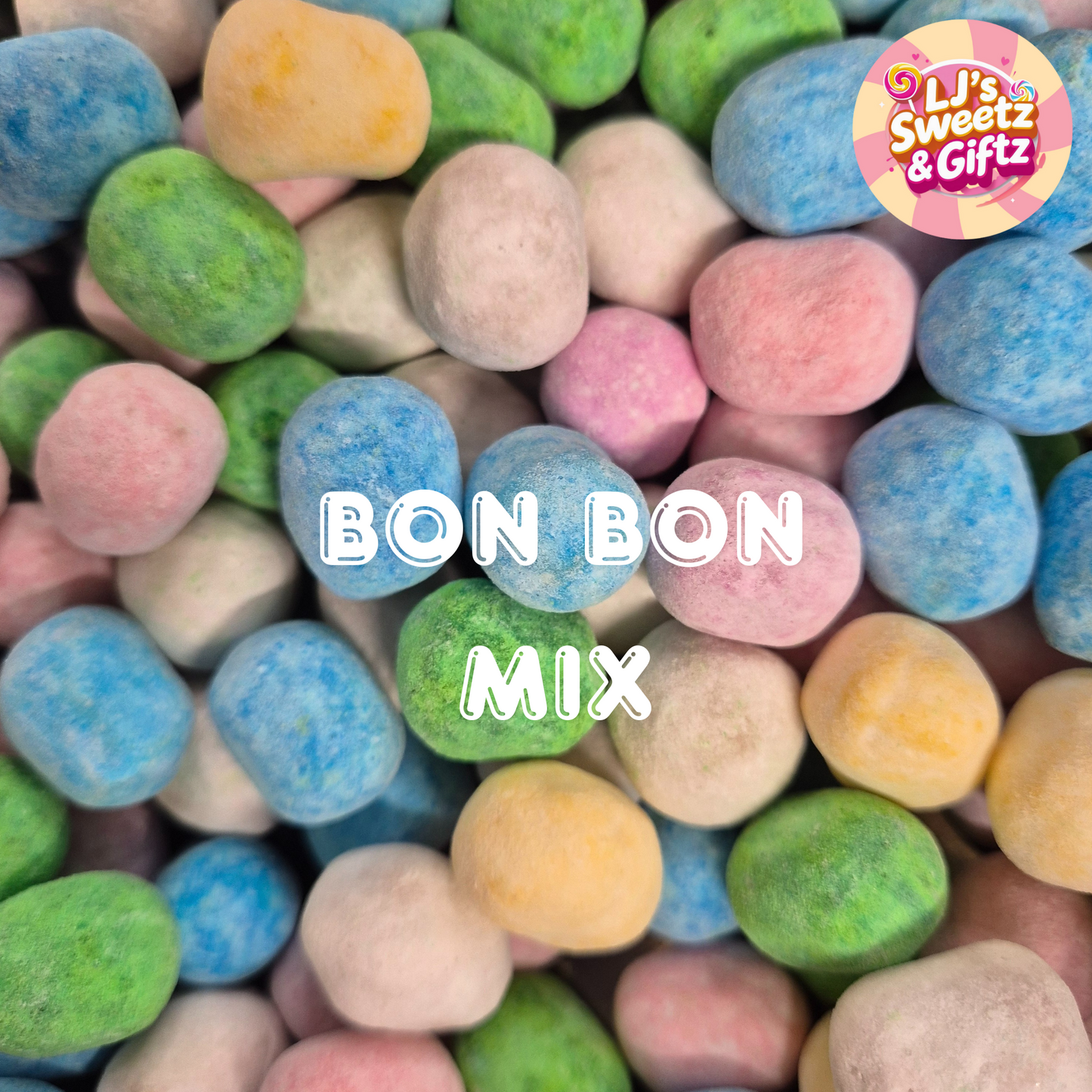 Colorful bon bon mix with 'LJ's Sweetz & Giftz' logo in the corner.