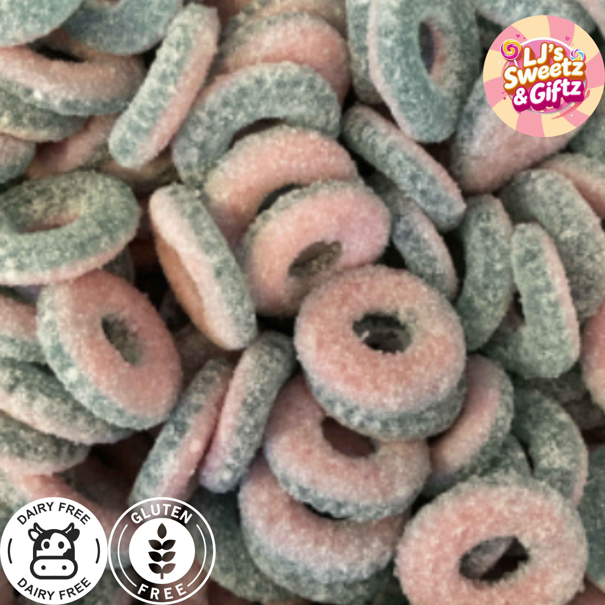 Pink and green ring-shaped candies with 'LJ's Sweetz & Gitz' branding.