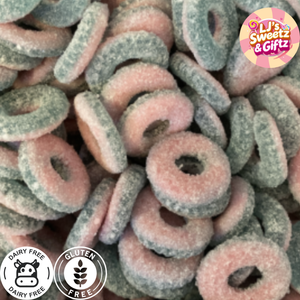 Pink and green ring-shaped candies with 'LJ's Sweetz & Gitz' branding.