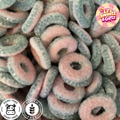 Pink and green ring-shaped candies with 'LJ's Sweetz & Gitz' branding.