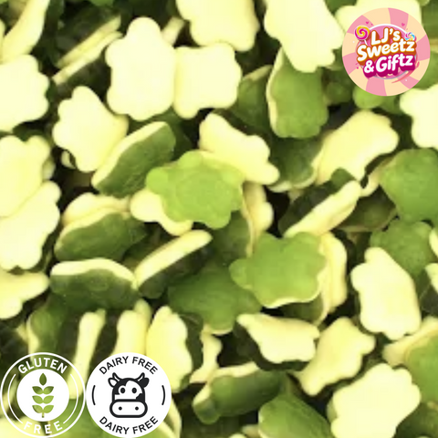 Green and white clover-shaped candies with 'LJ's Sweetz & Giftz' logo and certification icons.