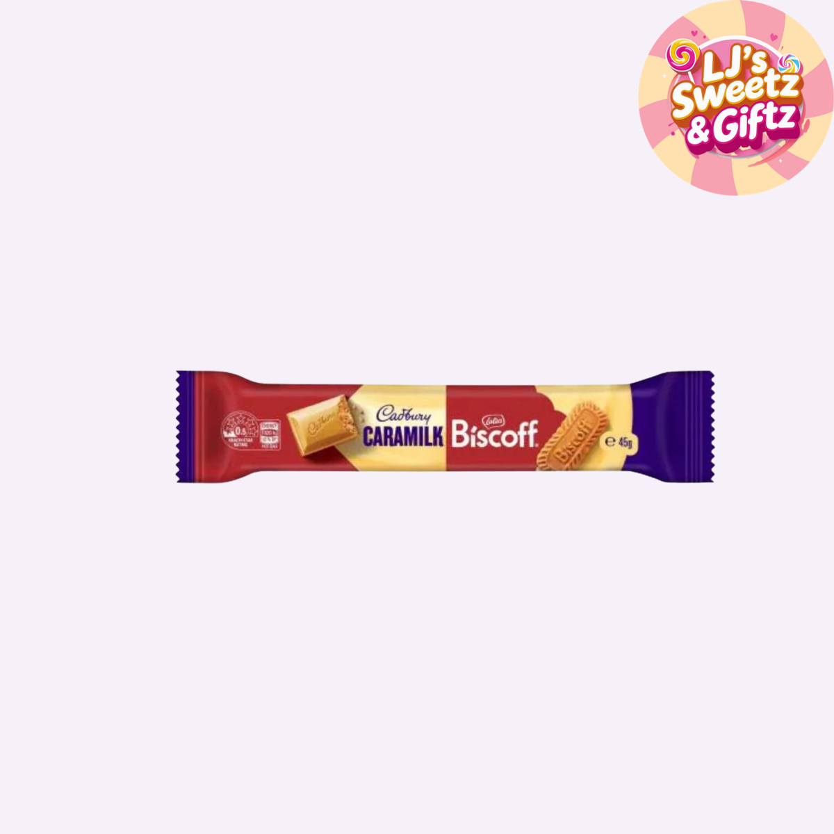 Cadbury Caramilk Biscuit in its original wrapper, featuring a red and purple design with a yellow center and an illustration of the biscuit, shown on a light gray background with a 'LJ's Sweetz & Giftz' logo in the top right corner.