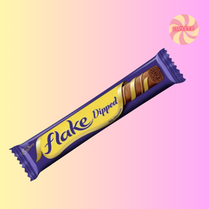 Flake Dipped chocolate bar packaging on a gradient background