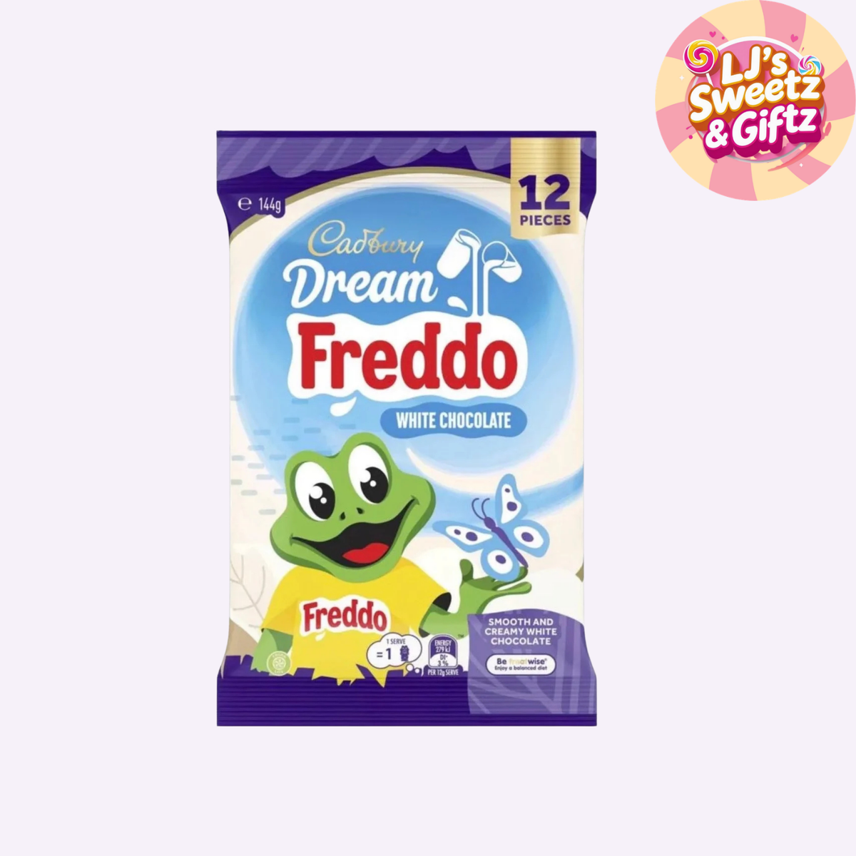 A package of Cadbury Dream Freddo White Chocolate chocolate pieces, featuring the green Freddo character on the front. The packaging is purple and white with a blue circular graphic, and a gold '12 PIECES' tab is visible at the top right.