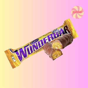 Cadbury Wunderbar chocolate bar on a pink and yellow gradient background