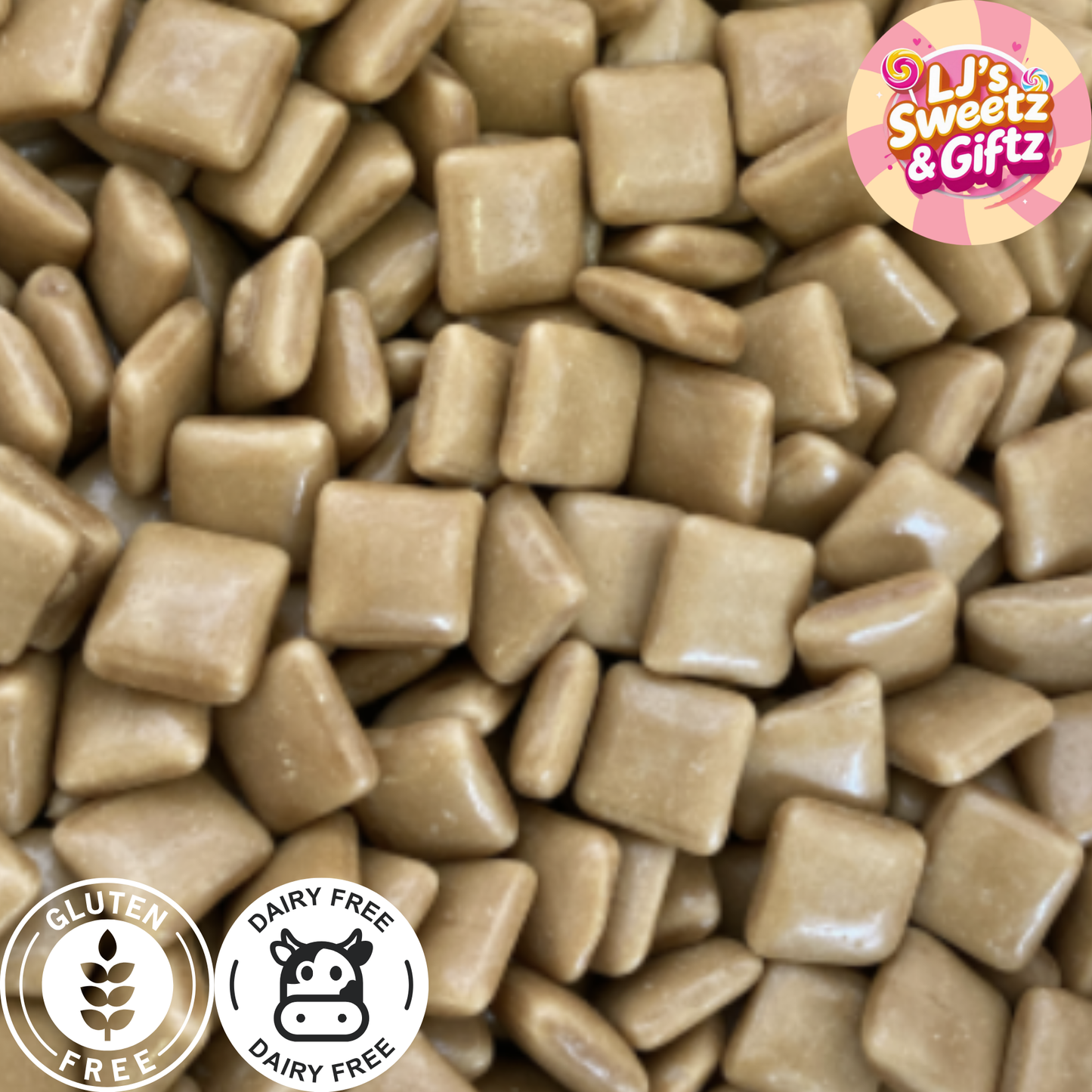 Close-up of brown candy pieces with 'Li's Sweetz & Giftz' branding and certification logos.