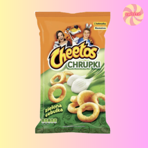 Cheetos Chrupki snack package with green and orange design on a colorful background