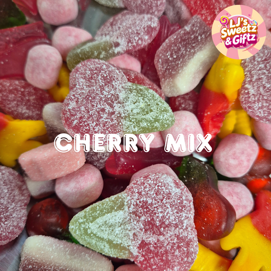 Assorted gummy candies labeled 'Cherry Mix' with 'LJ's Sweetz & Giftz' branding.