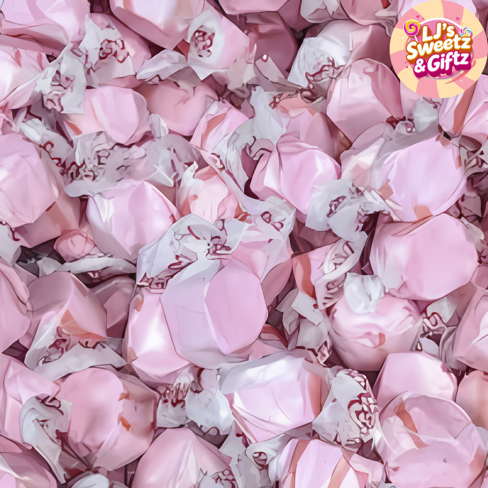  cherry saltwater taffy Pink and white wrapped candies with a visible brand logo in the corner.