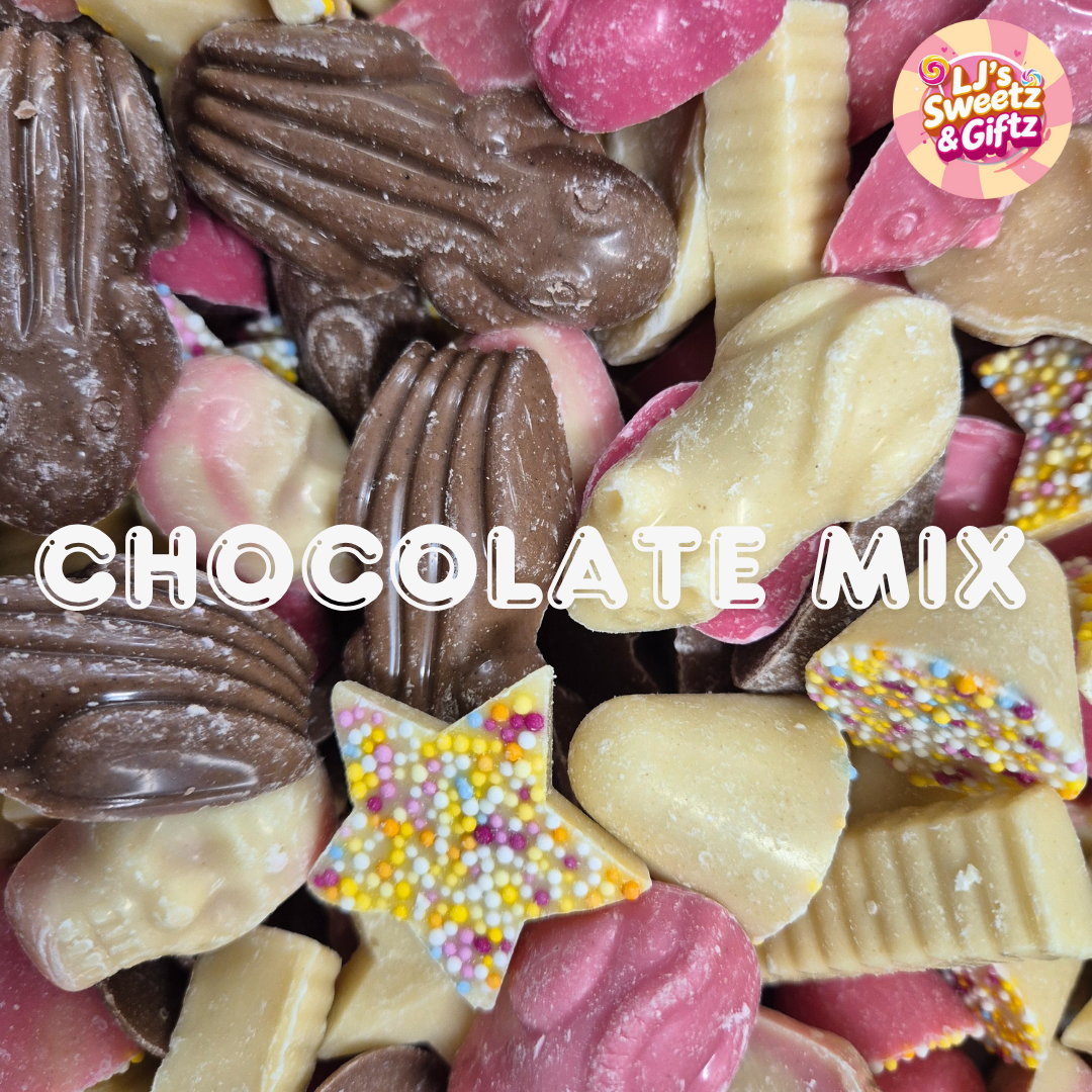 Assorted chocolate candies with 'LJ's Sweetz & Gifts' logo in the corner.