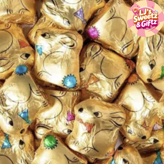 Gold foil-wrapped chocolate bunny candies with colorful decorations, branded 'Lil's Sweetz & Giftz'.
