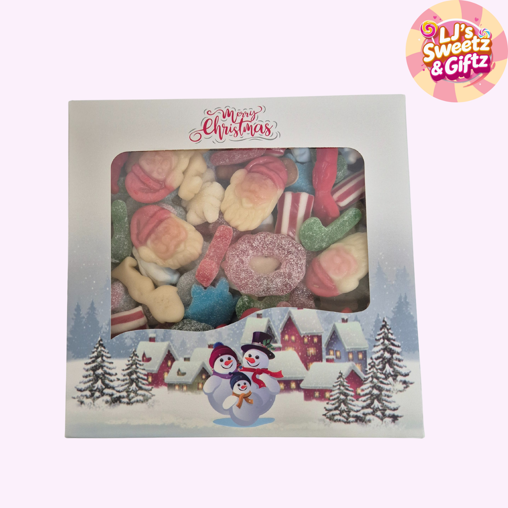 Christmas-themed candy box with festive design and 'LJ's Sweetz & Giftz' branding.
