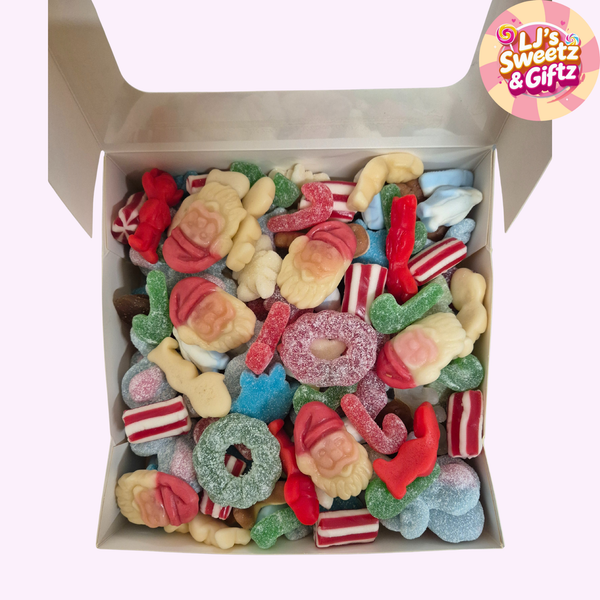 Assorted colorful gummy candies in a box with 'LJ's Sweetz & Giftz' branding.