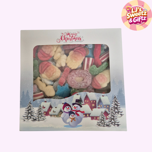 Christmas-themed candy box with festive design and 'LJ's Sweetz & Giftz' branding.