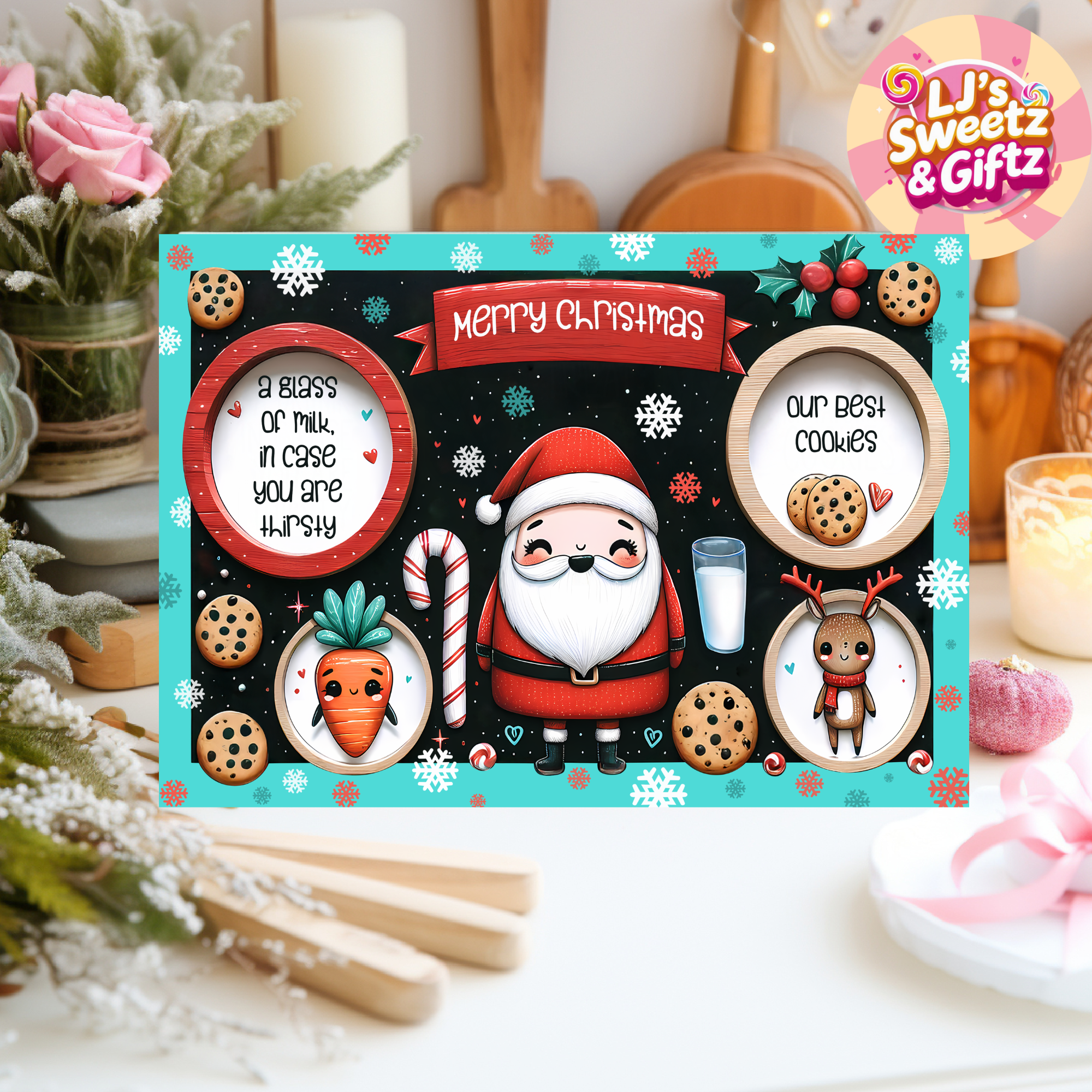 Christmas-themed cookie jar lid with Santa Claus, cookies, and a glass of milk on a decorative background.