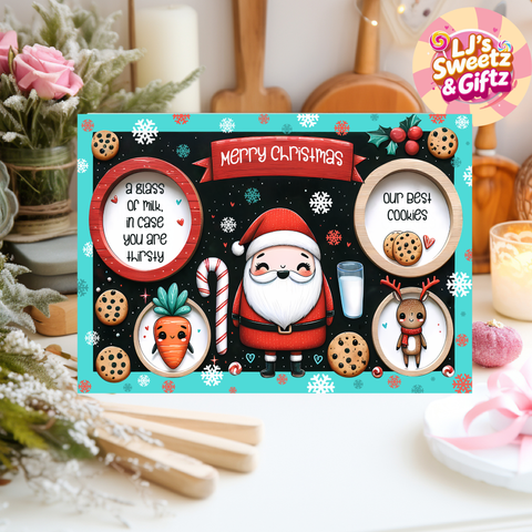 Christmas-themed cookie jar lid with Santa Claus, cookies, and a glass of milk on a decorative background.