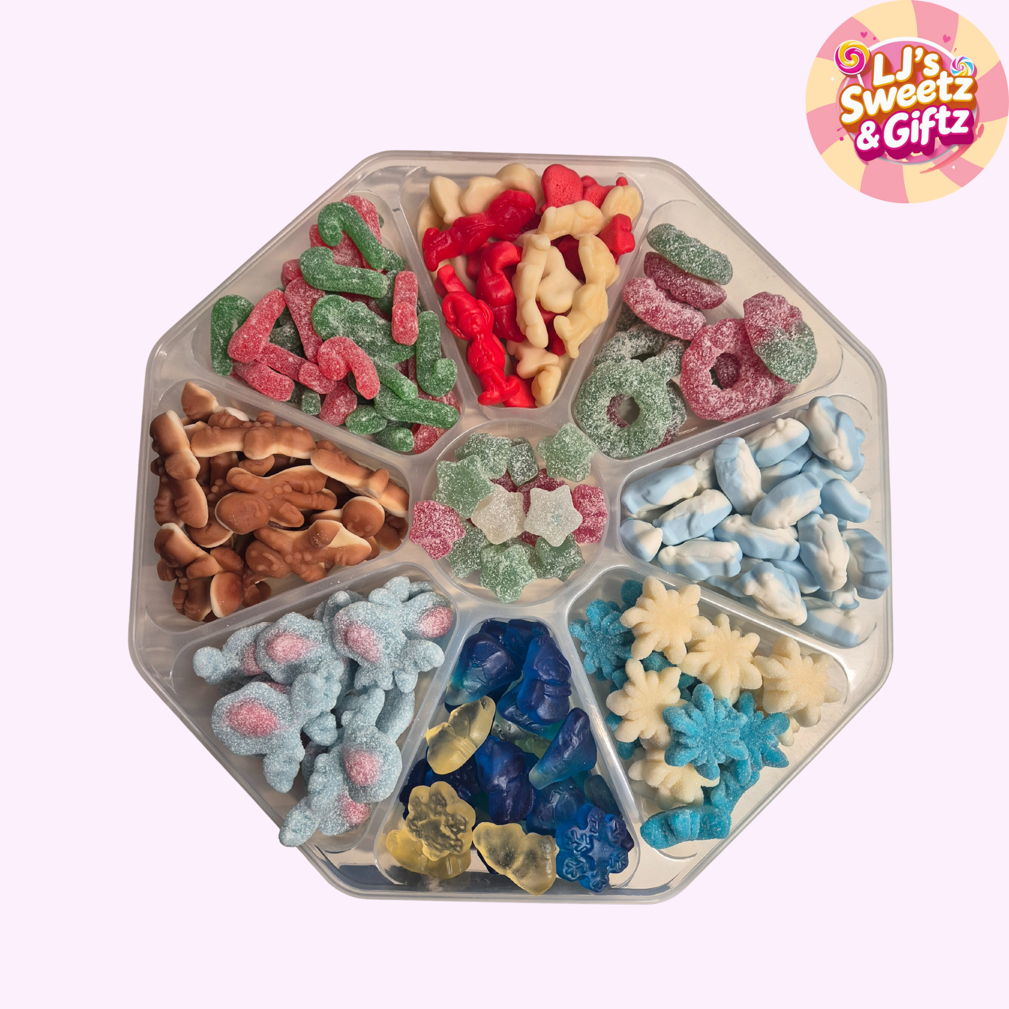 Hexagonal tray with assorted colorful candies and LJ's Sweetz & Giftz logo.