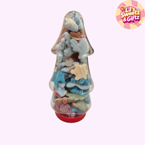 Jar of colourful candy shaped like a Christmas tree with LJ's Sweetz & Giftz logo.
