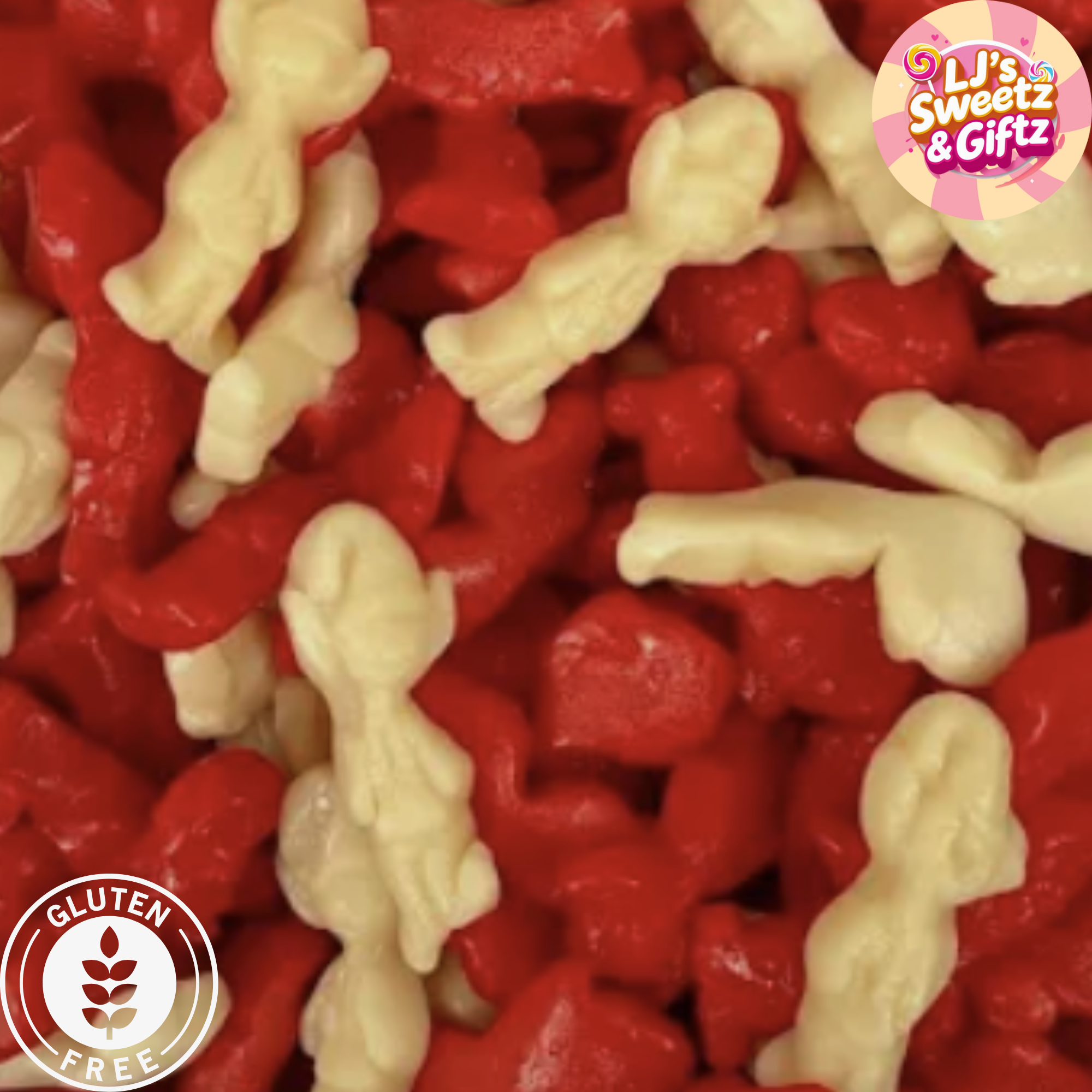 Red and white candy pieces with 'LJ's Sweetz & Giftz' branding and gluten-free label.