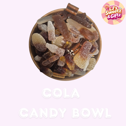 Cola candy bowl with various colored candies on a white background, featuring the brand 'LJ's Sweetz & Giftz'.