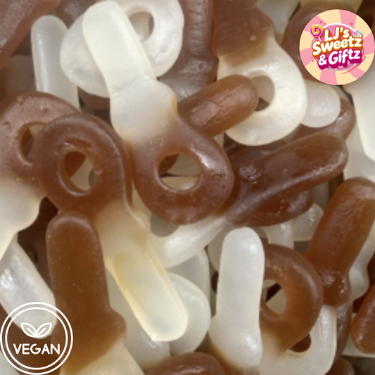 Close-up of brown and white Cola dummies with 'LJ's Sweetz & Gitz' branding.