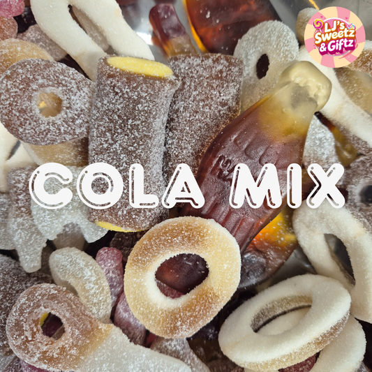 Assorted candy mix with 'COLA MIX' text overlay, featuring a ljs sweetz giftz logo in the corner.