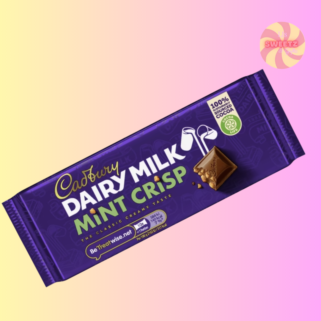 Cadbury Dairy Milk Mint Crisp chocolate bar on a pink and yellow gradient background