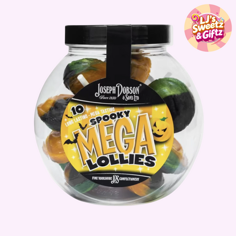 Jar of Halloween-themed lollipops with a label on a white background
