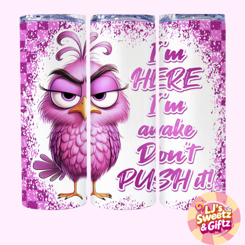 Three pink owl-themed tumblers with a design and text on a white background.