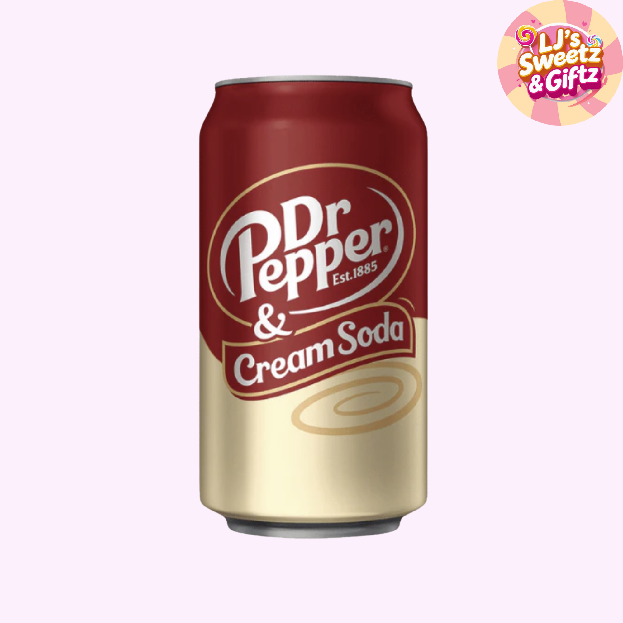 Dr Pepper & Cream Soda can on a white background with a brand logo in the corner.