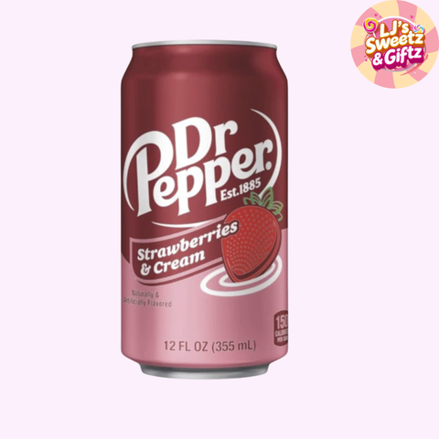 Dr Pepper Strawberries & Cream can on a white background with a brand logo in the corner.