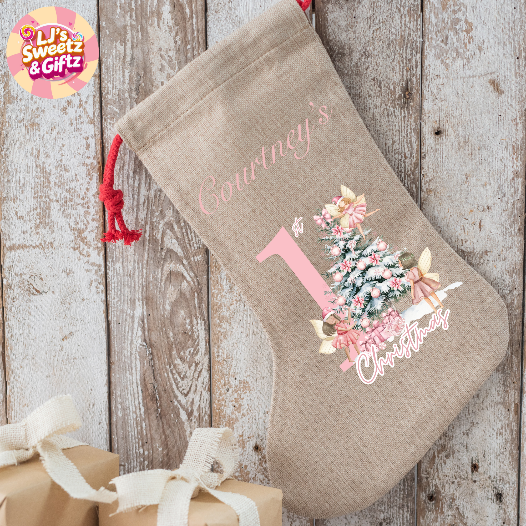 Personalized Christmas stocking with festive design and text on a wooden background