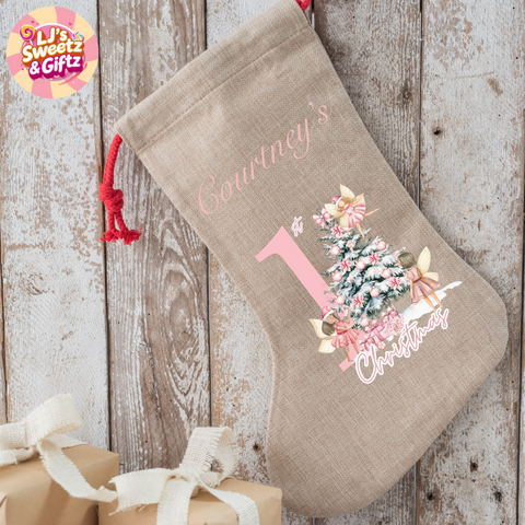 Personalized Christmas stocking with festive design and text on a wooden background