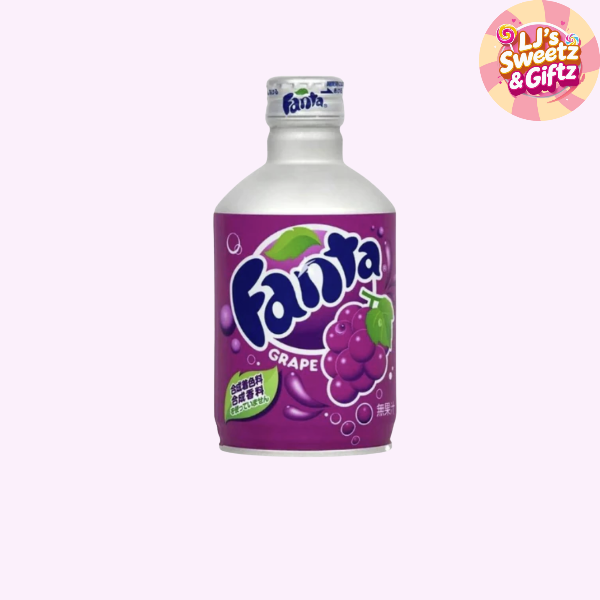 Fanta Grape bottle on a white background with a decorative border.