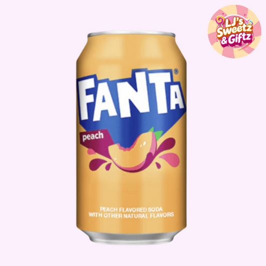 Fanta peach flavored soda can on a white background with 'LJ's Sweet & Giftz' logo.