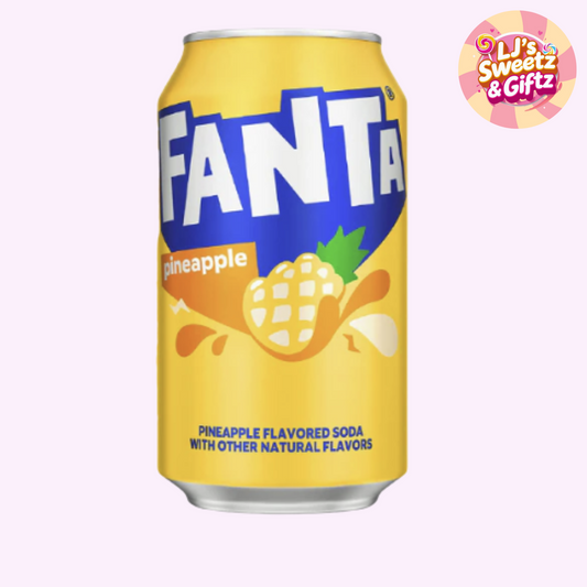 Fanta pineapple soda can on a white background with 'LJ's Sweet & Giftz' logo.
