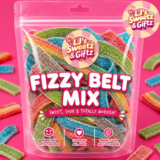 A clear stand-up pouch of Li's Sweetz & Giftz Fizzy Belt Mix gummy candies on a bright pink background, with loose rainbow gummy strips scattered around and a circular product badge in the top right.