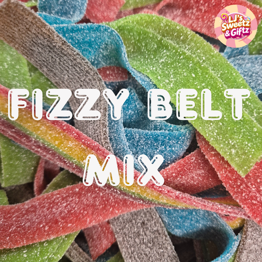 Colorful gummy belts with 'Fizzy Belt Mix' text and 'LJ's Sweetz & Gifts' logo.
