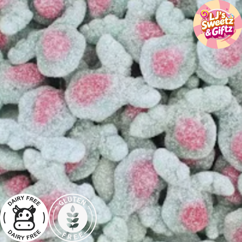 Reindeer shapedcandies with pink centers, branded 'LJ's Sweetz & Gifz', displayed with a 'Dairy Free' and 'Gluten Free' logo.