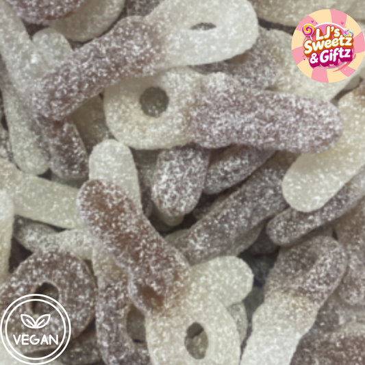 Close-up of fizzy cola dummies with 'LJ's Sweetz & Giftz' branding.