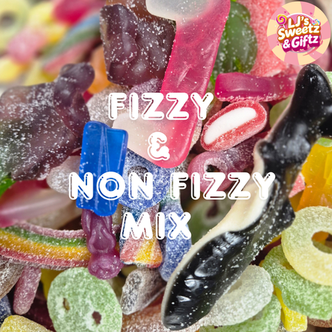 Assorted colorful gummy candies with text overlay 'Fizzy & Non Fizzy Mix' and a brand logo.