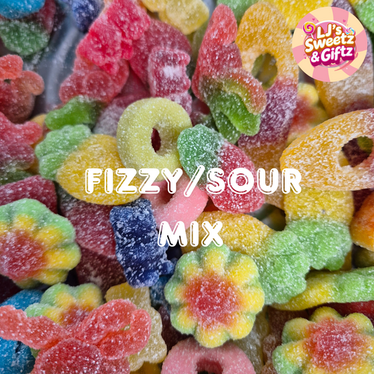 Colorful fizzy/sour mix candy with 'LJ's Sweetz & Giftz' branding.