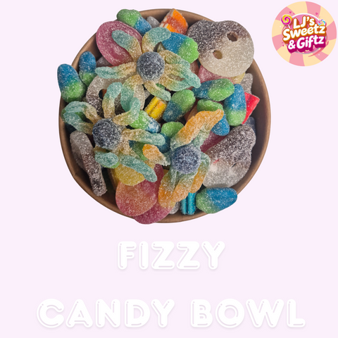 Colorful candy bowl with 'LJ's Sweetz & Giftz' branding on a white background