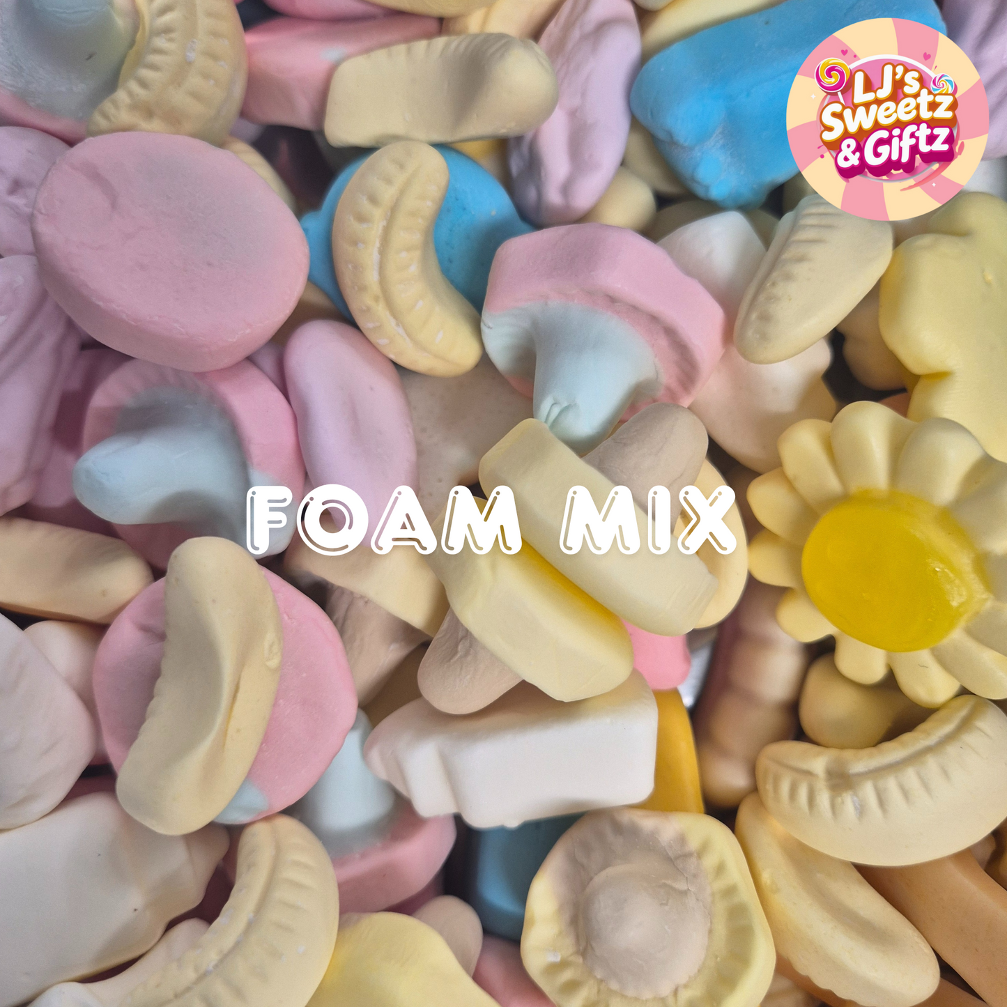 Colorful foam mix with a flower-shaped item and 'LJ's Sweetz & Gifz' logo.