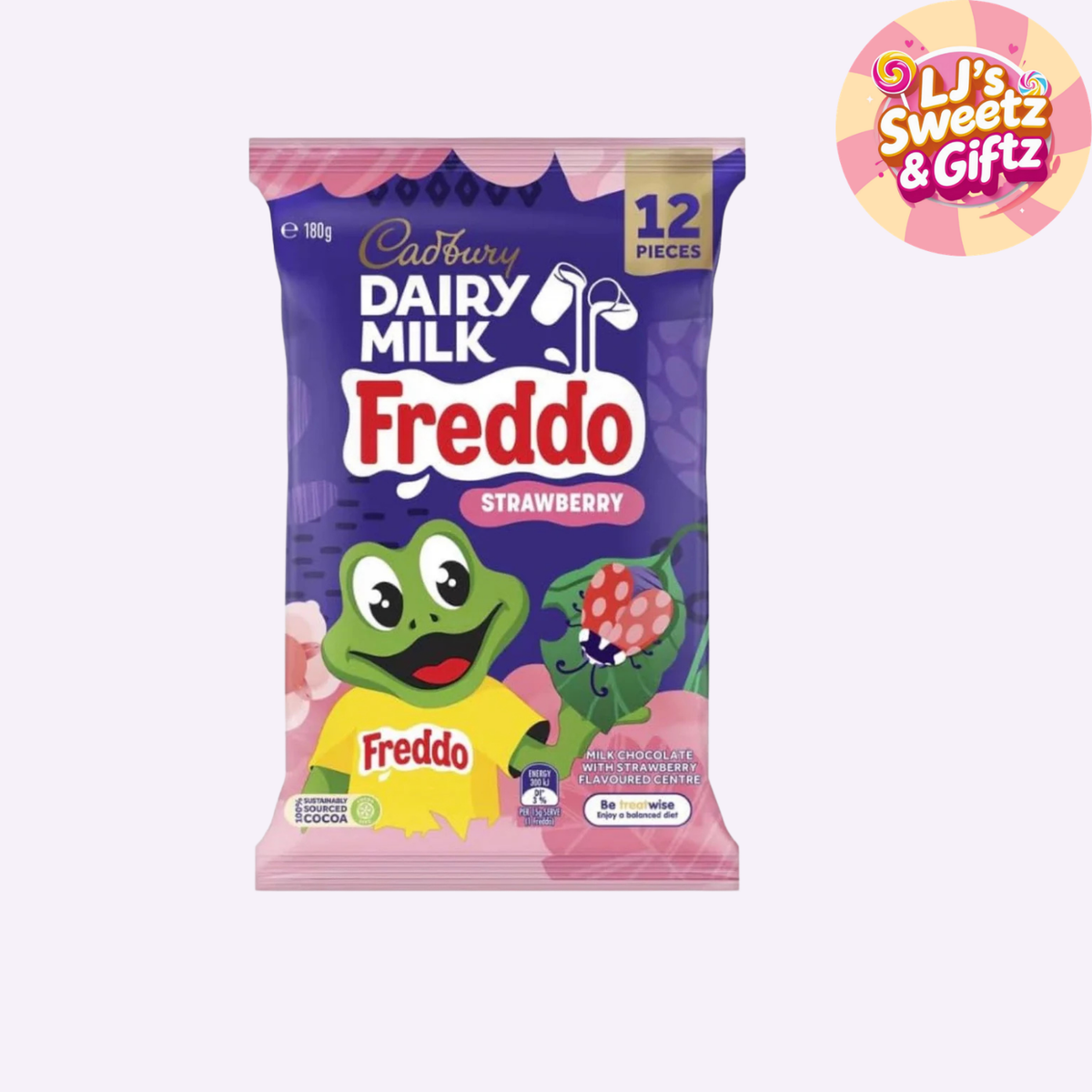 A package of Cadbury Dairy Milk Freddo Strawberry chocolate biscuits, featuring the green Freddo character on the front. The packaging is purple and pink with a gold '12 PIECES' tab.