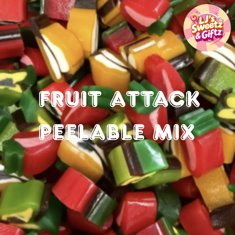 Colorful fruit-shaped peelable mix candies with 'LJ's Sweetz & Giftz' logo.