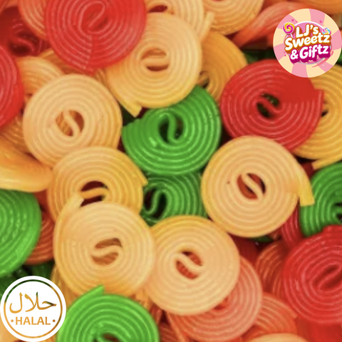 Colorful spiral-shaped candies with 'LJ's Sweetz & Gizz' branding and halal certification logo.