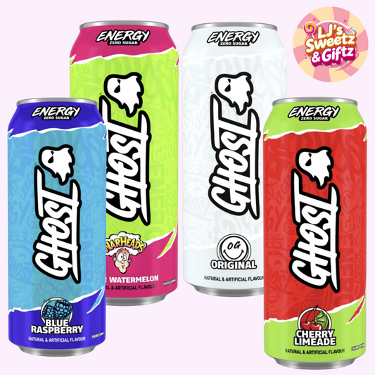 Four cans of Ghost Energy Drink in different flavors on a white background.