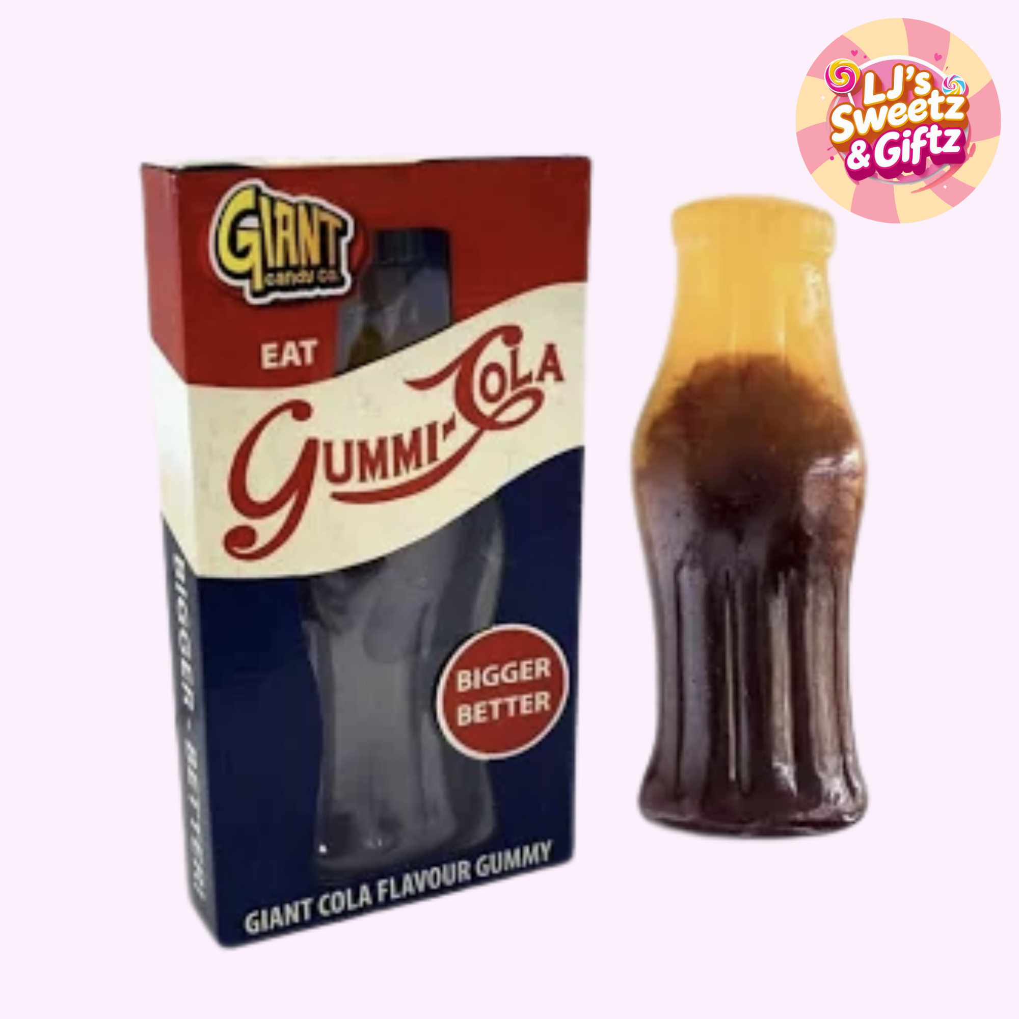 Gummi Cola gummy candy with packaging and 'LJ's Sweetz & Giftz' branding.